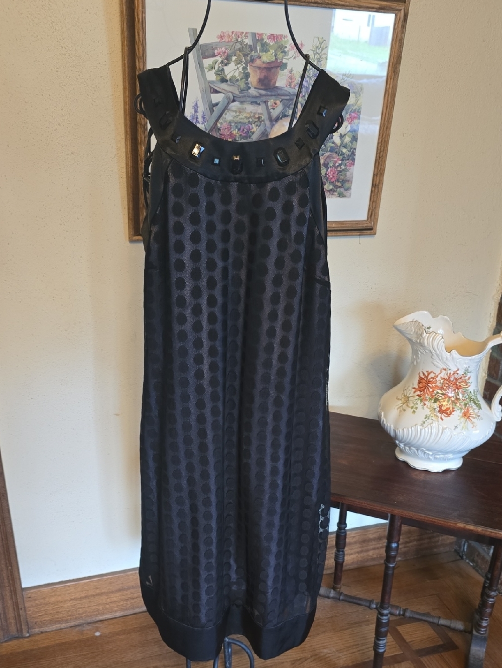 Robbie Bee Black Polka-Dot Midi Dress with Embellished Collar